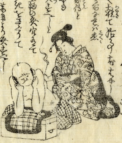 An old drawing of a woman performing moxibustion.